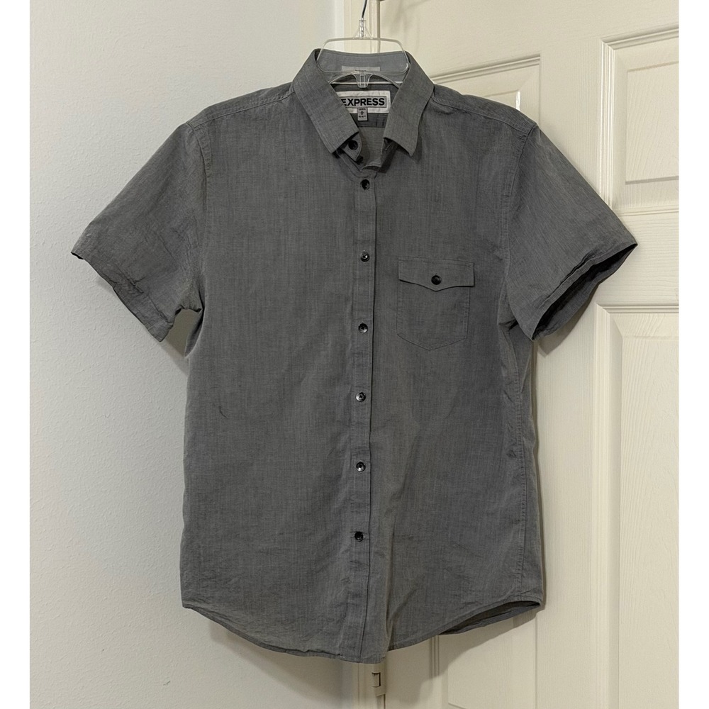 Express Mens Fitted Short Sleeve Button Down Shirt Gray Cotton Size M 15 15.5